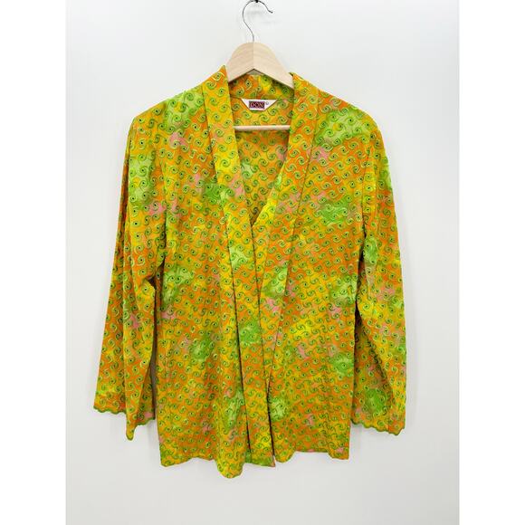 DON Vtg Orange Green Swirl Embroidery Button Open Front Shirt Unisex Large - Picture 1 of 8